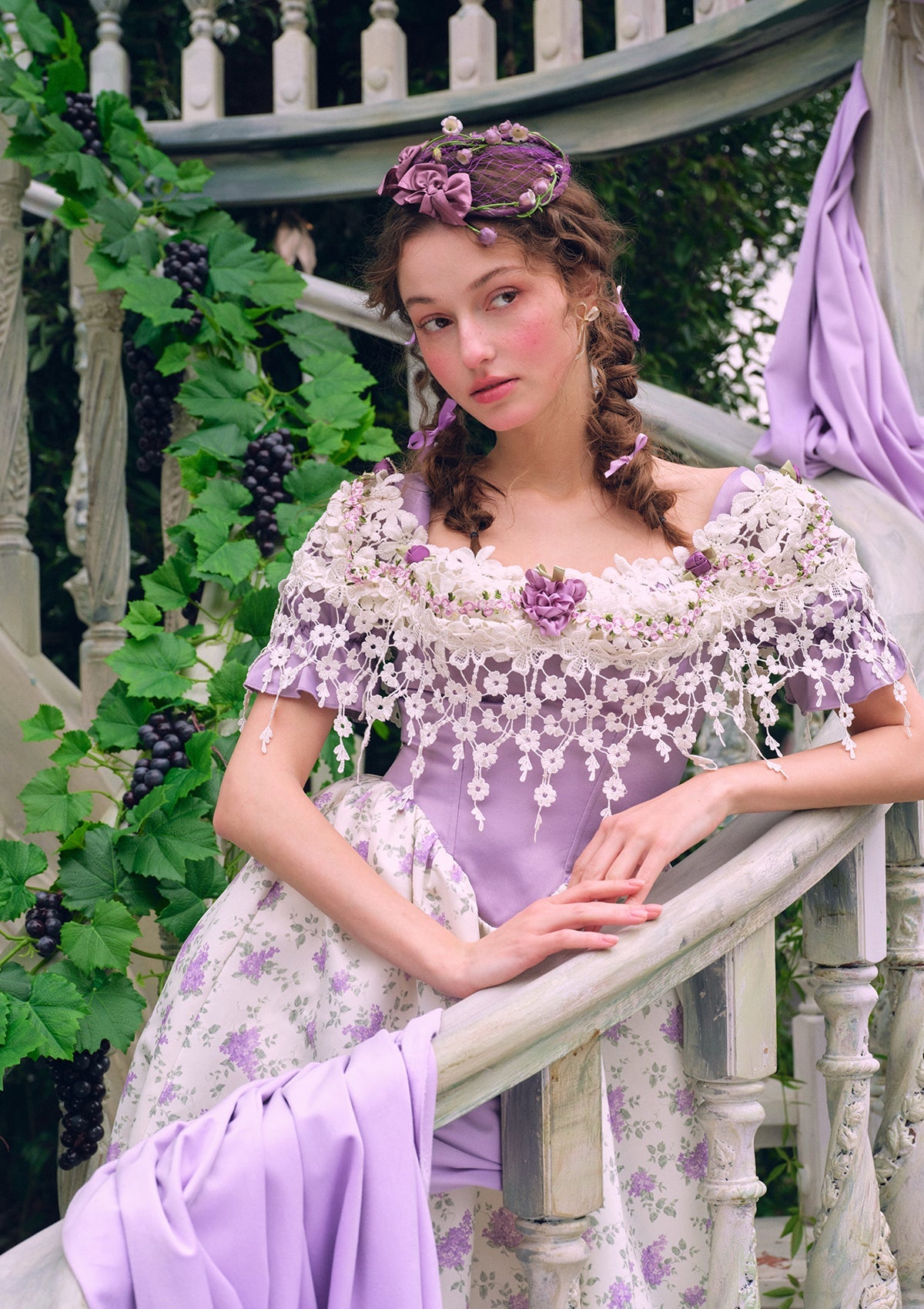 (US Exclusive)Purple Jacquard Vine Corset Dress
