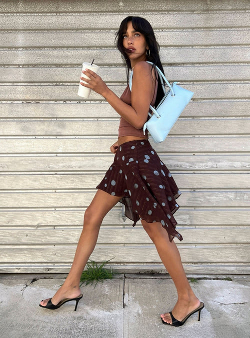 Hevenna Asymmetrical Chiffon Mini Skirt Brown / Blue Polka