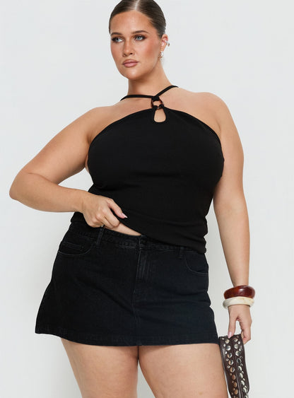 Nicolina Low Rise Denim Mini Skirt Washed Black Curve