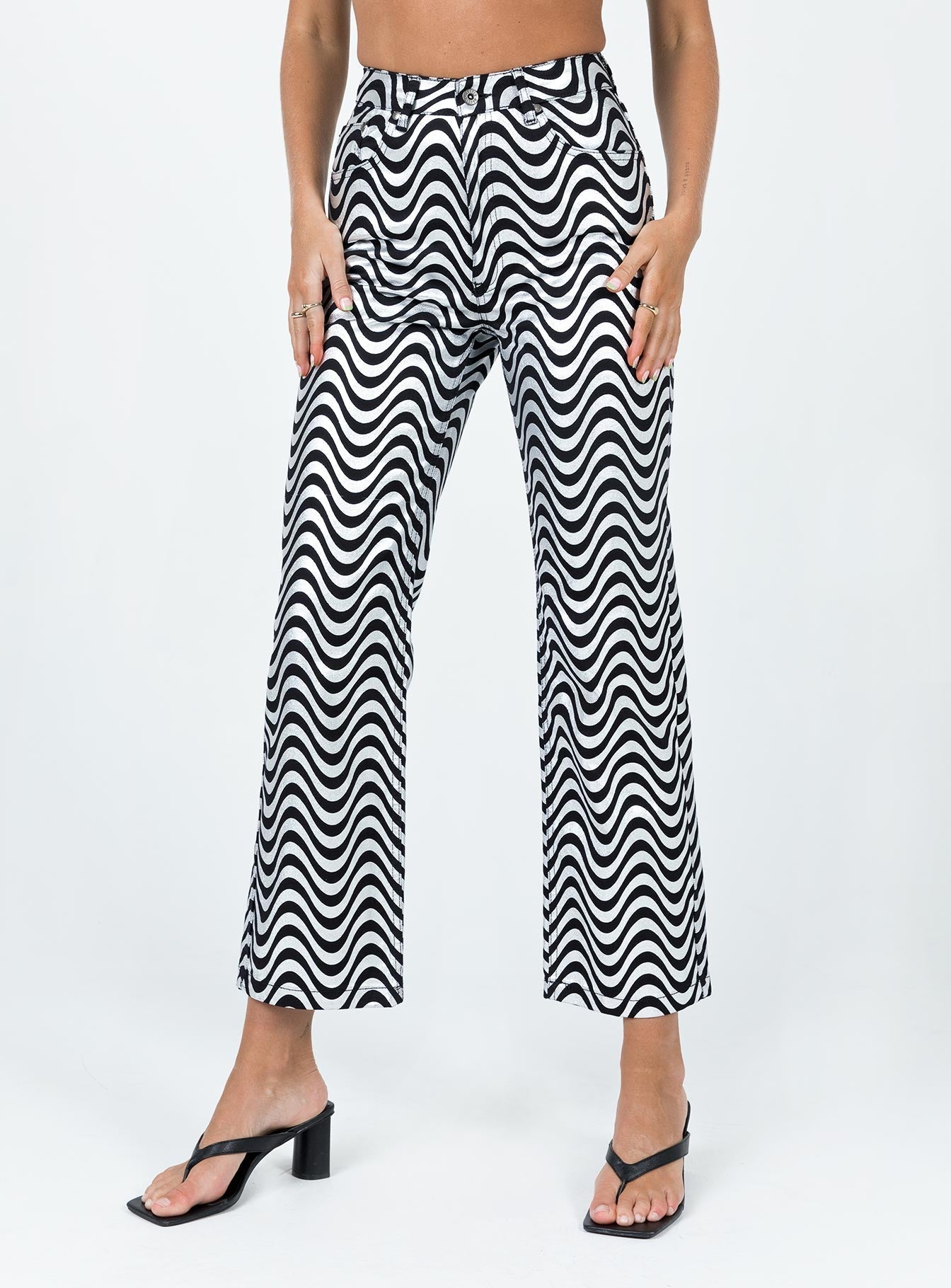 The Ragged Priest High Rise Straight Leg Wave Jeans Glitter Denim Silver / Black