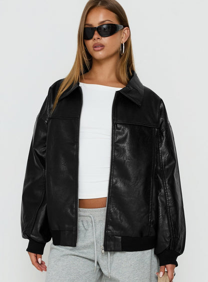 Goldsmith Faux Leather Bomber Jacket Black Petite