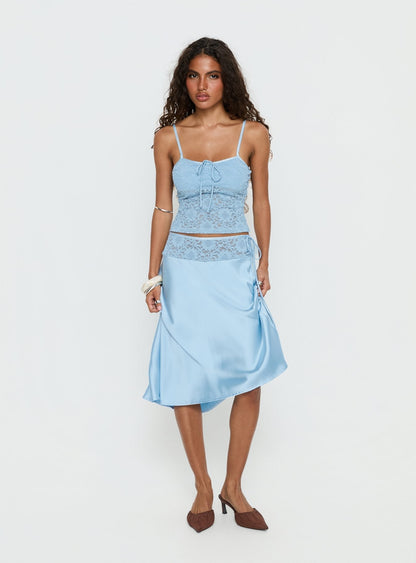 Evlin Lace Detail Satin Midi Skirt Blue