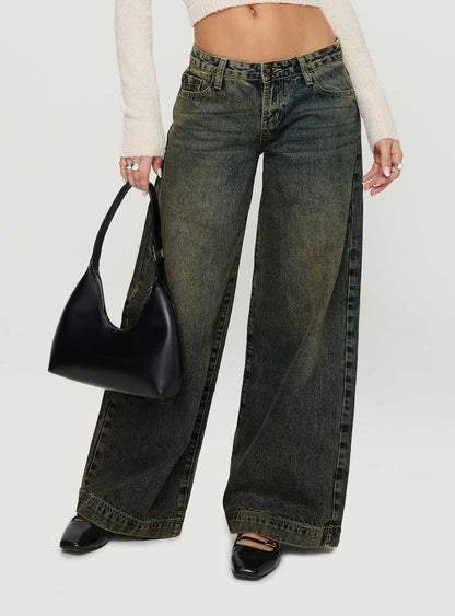 Ribbon Stamp Low Rise Wide Leg Jeans Antique Wash Petite