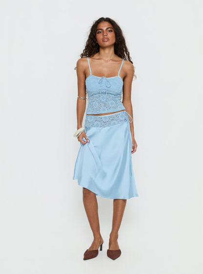 Evlin Lace Detail Satin Midi Skirt Blue