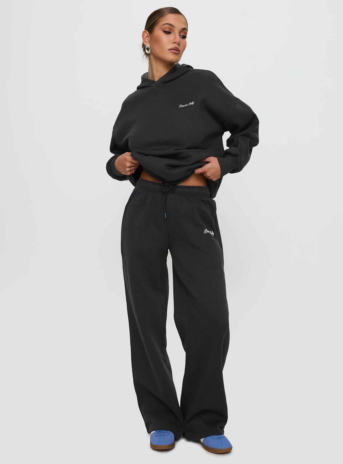 Princess Polly Wide Leg Track Pant Bubble Script Charcoal