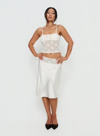 Evlin Lace Detail Satin Midi Skirt Cream