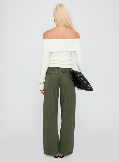 Melikah Mid Rise Baggy Cargo Jeans Green Wash