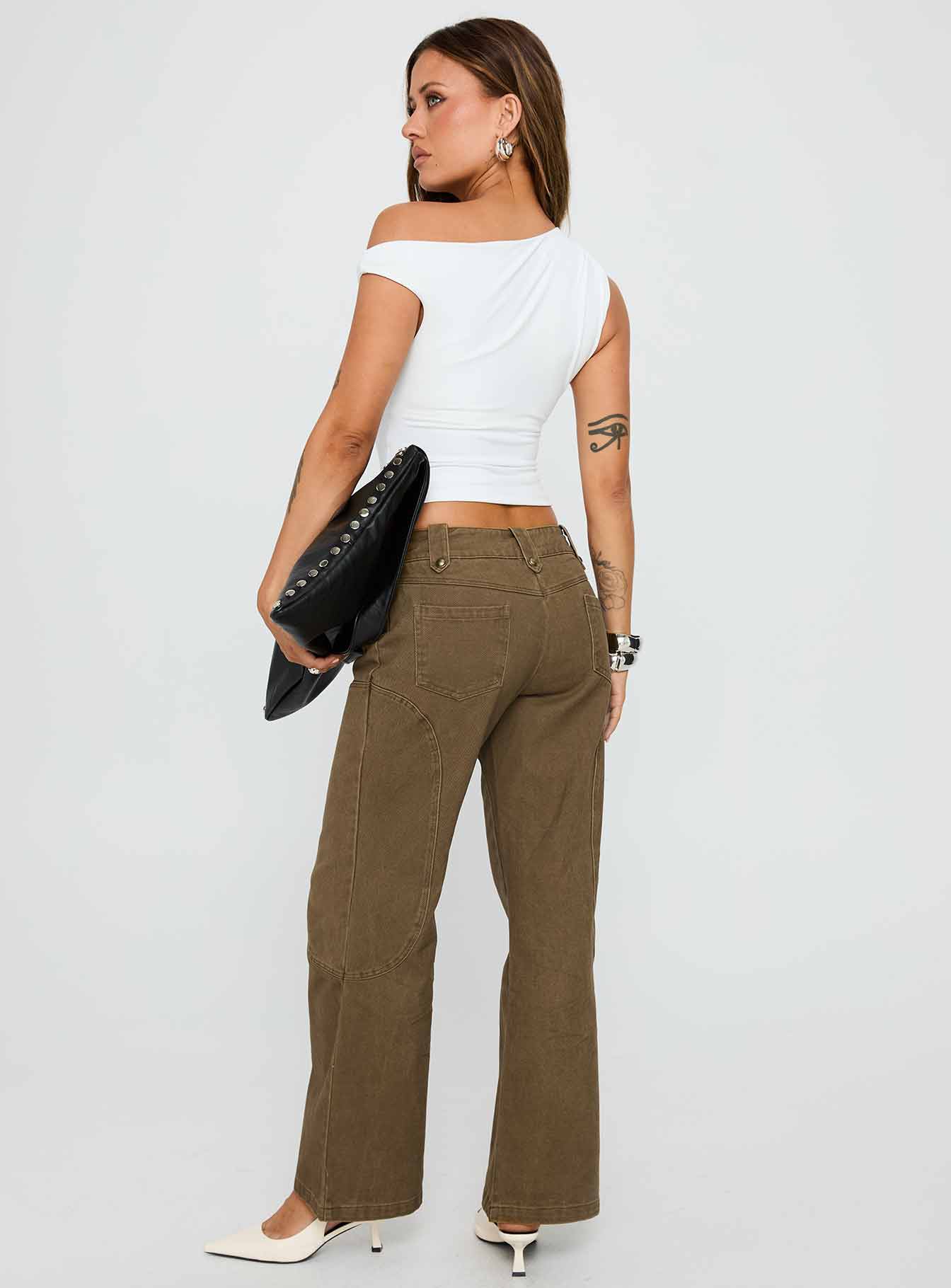 Cuzco Low Rise Flared Cargo Jeans Dark Khaki