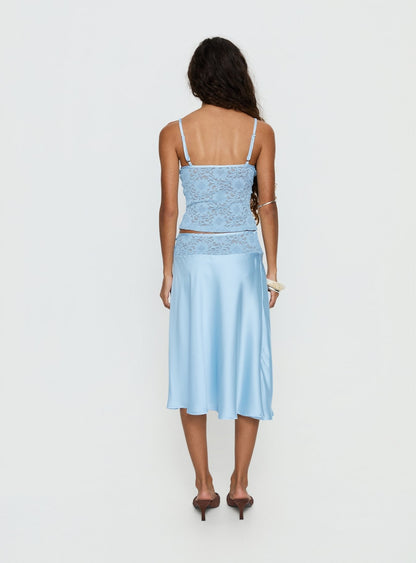 Evlin Lace Detail Satin Midi Skirt Blue