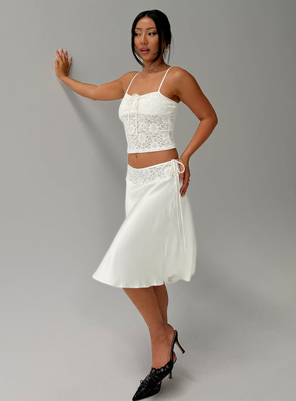 Evlin Lace Detail Satin Midi Skirt Cream