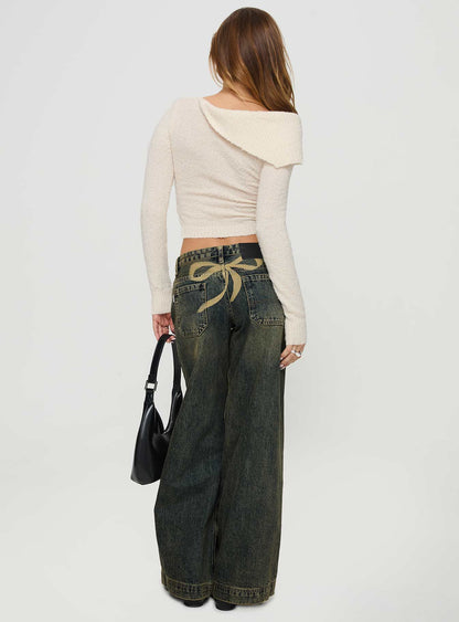 Ribbon Stamp Low Rise Wide Leg Jeans Antique Wash Petite