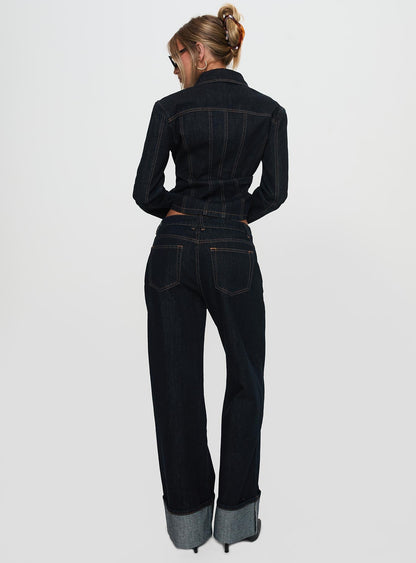 Top Model Low Rise Straight Leg Cuffed Jean Dark Denim