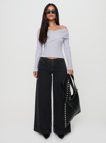 Ribbon Stamp Low Rise Wide Leg Jeans Washed Black