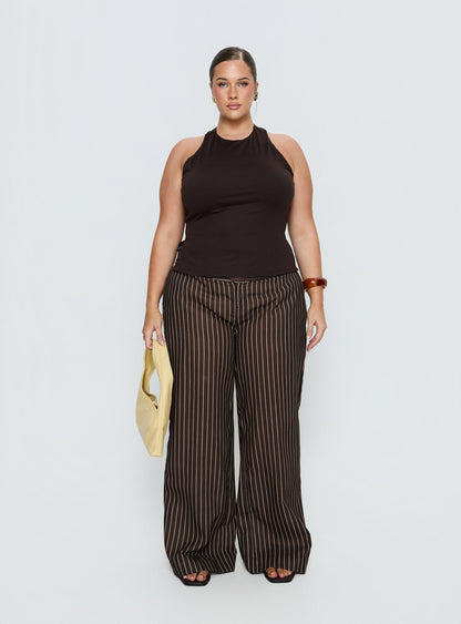 Winslie Thick Waistband Buckle Pants Chocolate Stripe Curve