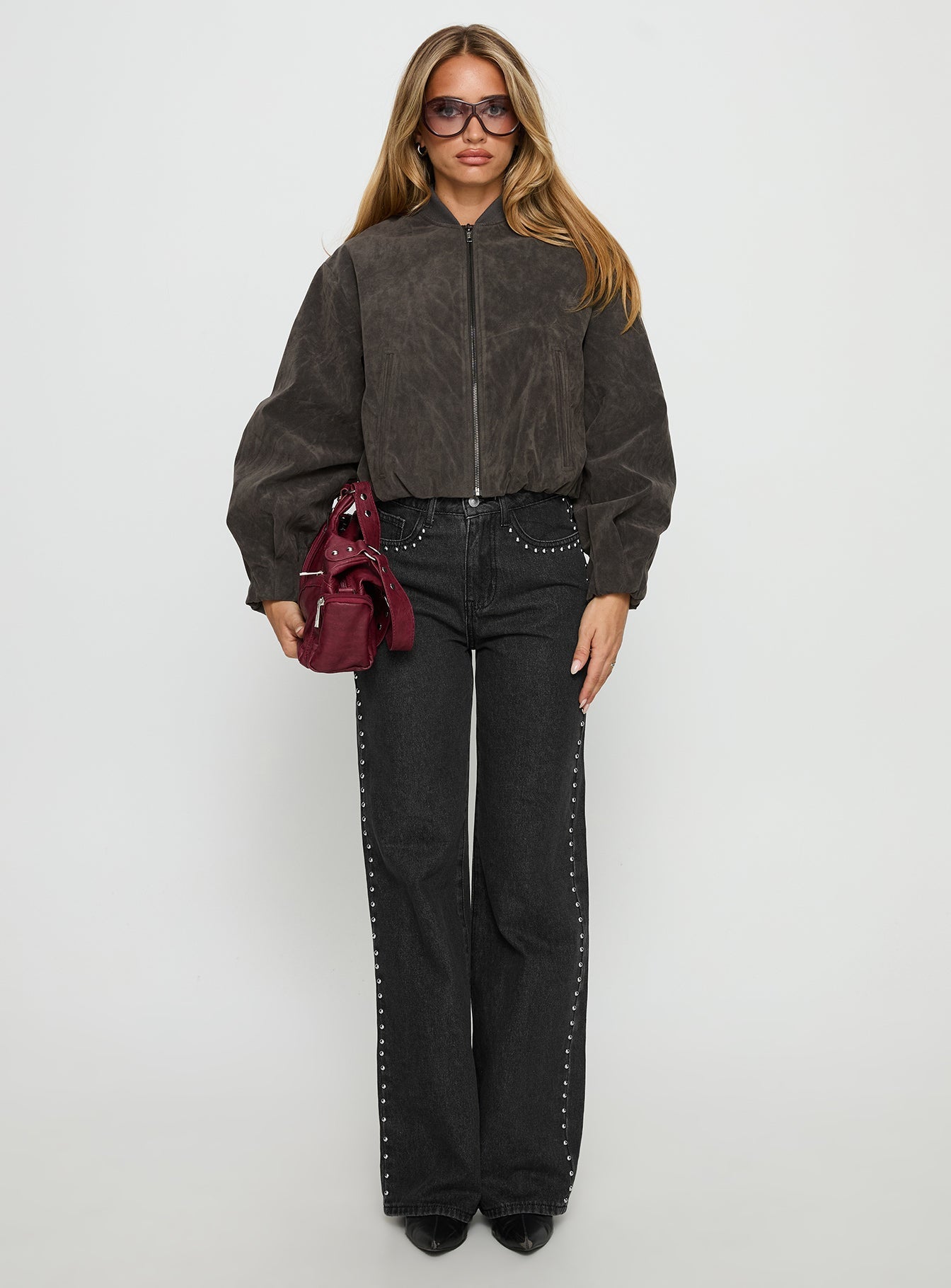 Saving Up Mid Rise Straight Leg Studded Jeans Jet Black