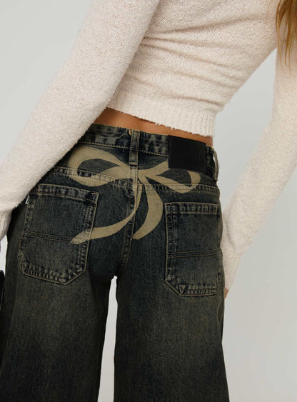 Ribbon Stamp Low Rise Wide Leg Jeans Antique Wash Petite