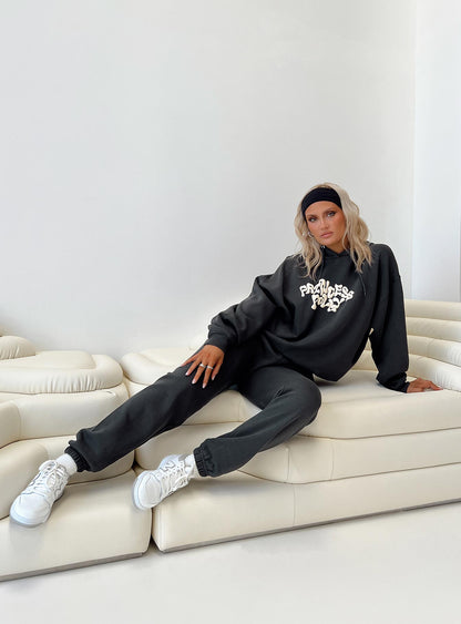 Princess Polly Track Pants Squiggle Text Black Sand / Eggshell
