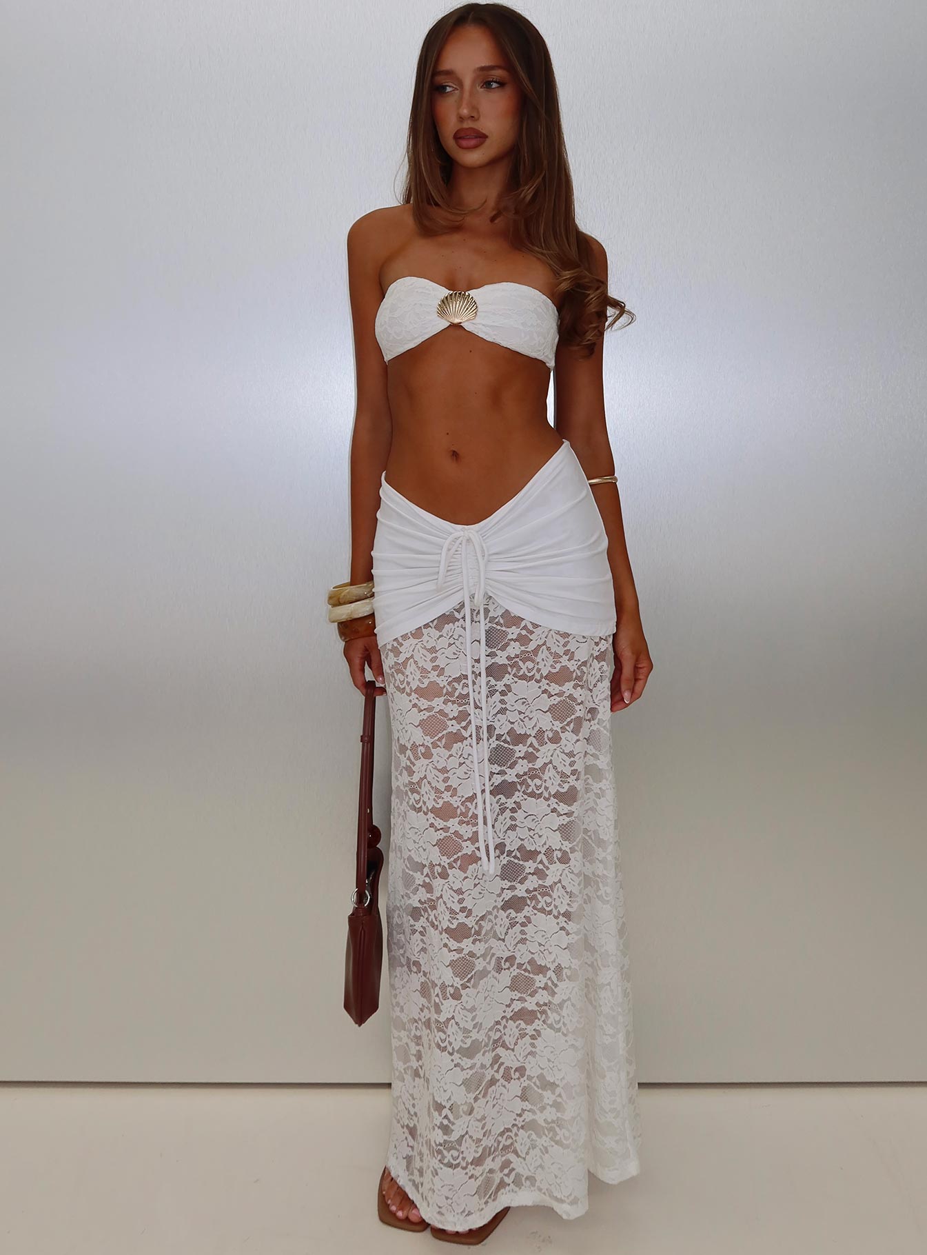 Eilise Ruched Sheer Maxi Skirt White